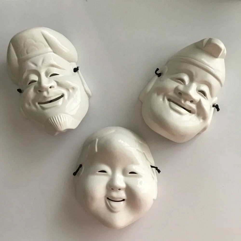 Pier One SET OF 3 White Ceramic Wall Art Masks Japanese Daikoku & Enosis Vintage